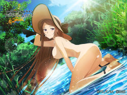 Rule 34 | 1girl, breasts, brown hair, day, feet, female focus, hat, high heels, large breasts, long hair, looking at viewer, nature, nipples, nude, nude filter, plant, purple eyes, sandals, smile, solo, sortiliena serlut, sun hat, swimsuit, sword art online, sword art online: alicization, third-party edit, water