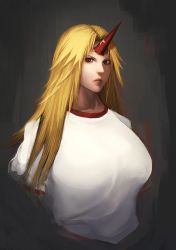 Rule 34 | 1girl, blonde hair, breasts, brown eyes, closed mouth, commentary request, cropped torso, expressionless, grey background, horns, hoshiguma yuugi, large breasts, lips, long hair, looking at viewer, minami koyogi, parted bangs, portrait, red horns, shirt, short sleeves, single horn, solo, star (symbol), t-shirt, touhou, upper body, white shirt