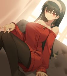 Rule 34 | 1girl, black hair, breasts, closed mouth, couch, dutch angle, earrings, hairband, jewelry, kildir, large breasts, long hair, long sleeves, looking at viewer, on couch, pantyhose, red eyes, red sweater, sitting, solo, spy x family, sweater, white hairband, yor briar