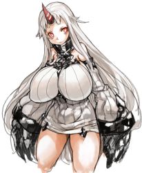 Rule 34 | 10s, 1girl, abyssal ship, bags under eyes, bare shoulders, breasts, claws, cowboy shot, cropped legs, detached sleeves, dress, horns, huge breasts, kantai collection, long hair, long sleeves, red eyes, ribbed dress, sachito, seaport princess, short dress, simple background, single horn, solo, very long hair, white background, white dress, white hair