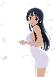 Rule 34 | 1girl, akiyama mio, black eyes, black hair, dress, feathers, highres, hime cut, k-on!, lingerie, long hair, looking at viewer, negligee, official style, open mouth, qplus, qplus1, see-through, simple background, solo, underwear, underwear only, white background, white dress