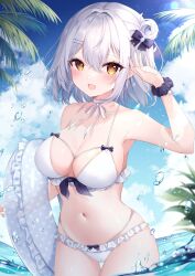 Rule 34 | 1girl, bare shoulders, bikini, blue sky, blush, bow, bow bikini, breasts, bubble, choker, cloud, cloudy sky, commentary request, day, frilled bikini, frills, hair between eyes, hair bow, hair ornament, hairclip, hand up, highres, innertube, large breasts, lens flare, looking at viewer, multi-strapped bikini bottom, navel, neck ribbon, ocean, open mouth, original, outdoors, palm tree, purple bow, purple scrunchie, ribbon, scrunchie, short hair, sky, smile, solo, stomach, swim ring, swimsuit, thigh gap, tree, wading, water, white bikini, white choker, white hair, white ribbon, wrist scrunchie, yellow eyes, ymkrnchan