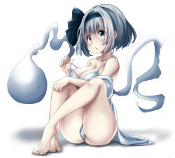 Rule 34 | 1girl, ass, bare legs, bare shoulders, barefoot, black hairband, black ribbon, bra, breasts, cameltoe, cleavage, collarbone, commentary request, dress shirt, green eyes, hair ribbon, hairband, highres, konpaku youmu, konpaku youmu (ghost), large breasts, looking at viewer, off shoulder, open clothes, open mouth, open shirt, panties, pegashi, pulled by self, ribbon, shirt, silver hair, simple background, sitting, solo, strap pull, toes, touhou, underwear, white background, white bra, white panties, white shirt