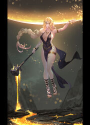 Rule 34 | 1girl, absurdres, armlet, bare shoulders, black dress, blonde hair, bracelet, braid, braided ponytail, breasts, cleavage, closed mouth, commentary request, cracked skin, dress, elden ring, fingernails, floating, floating hair, gladiator sandals, hammer, highres, holding, holding hammer, holding weapon, jewelry, large breasts, long hair, looking at viewer, meimeng, necklace, pelvic curtain, queen marika the eternal, sandals, sleeveless, sleeveless dress, smile, solo, thighs, tiara, toenails, toes, very long hair, weapon, yellow eyes