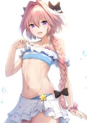 Rule 34 | 1boy, :d, astolfo (fate), astolfo (sparkling frills) (fate), bikini, black bow, blush, bow, bracelet, braid, cowboy shot, fang, fate/grand order, fate (series), frilled bikini, frills, groin, hair between eyes, hair bow, hair intakes, jewelry, long braid, long hair, looking at viewer, male focus, multicolored hair, navel, off-shoulder bikini, off shoulder, official alternate costume, open mouth, pink hair, purple eyes, sayika, single braid, smile, solo, stomach, streaked hair, swimsuit, trap, white hair