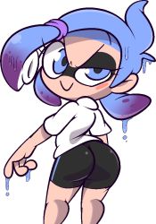 Rule 34 | 1girl, ass, bike shorts, blue eyes, blue hair, blush, blush stickers, closed mouth, dripping, female focus, from behind, gradient hair, hair tie, half-closed eye, happy, inkling player character, jaggy lines, kneepits, looking at viewer, looking back, matching hair/eyes, multicolored hair, nintendo, original, purple hair, shiny clothes, shirt, short hair, short sleeves, sidelocks, simple background, slime (substance), smile, solo, splatoon (series), standing, suction cups, tentacle hair, tentacles, two-tone hair, uneven eyes, v-shaped eyebrows, vilepluff, white background, white shirt