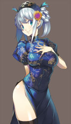 Rule 34 | 1girl, aqua eyes, black thighhighs, blue eyes, blue hair, braid, breasts, china dress, chinese clothes, dress, female focus, flower, grey hair, hair flower, hair ornament, hand on own chest, hat, impossible clothes, large breasts, lasa (lasa1116), matching hair/eyes, original, side slit, simple background, smile, solo, thighhighs, twintails