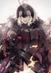 Rule 34 | 1girl, absurdres, ahoge, armor, armored dress, black dress, breasts, chain, collar, dress, fate/grand order, fate (series), faulds, fire, gauntlets, grey hair, headpiece, highres, jeanne d&#039;arc alter (avenger) (fate), jeanne d&#039;arc alter (fate), large breasts, looking at viewer, metal collar, no-kan, open mouth, pale skin, plackart, short hair, smile, solo, sword, thighs, weapon, yellow eyes