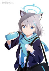Rule 34 | absurdres, animal ear fluff, animal ears, bag, black jacket, black skirt, blue archive, blue halo, blue necktie, blue scarf, bottle, cat ears, grey hair, hair between eyes, hair ornament, halo, highres, holding, jacket, long sleeves, looking at viewer, magazine scan, medium hair, megami magazine, name tag, necktie, official art, parted lips, scan, scarf, school bag, school uniform, shiroko (blue archive), shirt, simple background, skirt, standing, water bottle, white shirt, x hair ornament