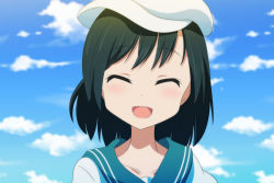 Rule 34 | 1girl, :d, ^ ^, black hair, blue sky, cato (monocatienus), closed eyes, cloud, facing viewer, green sailor collar, happy, hat, murasa minamitsu, open mouth, outdoors, sailor collar, sailor hat, short hair, sky, smile, solo, touhou, upper body, white hat