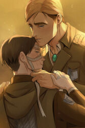 Rule 34 | 2boys, bandaged hand, bandaged head, bandages, blue eyes, brown coat, brown hair, brown theme, cape, coat, collared shirt, erwin smith, gravesecrets, green cape, highres, jewelry, levi (shingeki no kyojin), light particles, long hair, male focus, mature male, multiple boys, paradis military uniform, parted lips, pendant, scar, scar on face, shingeki no kyojin, shirt, short hair, simple background, survey corps (emblem), thick eyebrows, yaoi