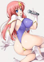 Rule 34 | 00s, 1girl, ass, blue eyes, breasts, gundam, gundam seed, gundam seed destiny, hair ornament, high heels, highleg, highleg leotard, large breasts, leotard, meer campbell, microphone, nagase haruhito, pink hair, shoes, simple background, solo, star (symbol), star hair ornament, thong leotard
