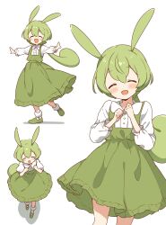 Rule 34 | 1girl, :d, absurdres, animal ears, blush, closed eyes, collared shirt, dress, facing viewer, frilled dress, frills, green footwear, green hair, hands up, head tilt, highres, long hair, long sleeves, low-tied long hair, multiple views, open mouth, outstretched arms, pinafore dress, pleated dress, rabbit ears, rabbit girl, shadow, shirt, shoes, sleeveless, sleeveless dress, smile, socks, voicevox, white background, white shirt, white socks, zundamon, zunmut