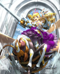 Rule 34 | 1girl, adachi yousuke, armor, armored boots, bare shoulders, bee, blonde hair, boots, bug, cardfight!! vanguard, company name, drill hair, earrings, fairy wings, faulds, feathers, gloves, hair ornament, insect, jewel knight noble stinger, jewelry, lance, long hair, official art, open mouth, pointy ears, polearm, purple eyes, shield, sky, solo, teeth, tiara, twintails, weapon, wings