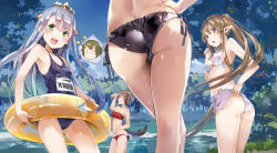 Rule 34 | 0 0, 4girls, :&gt;, animal ears, ass, bikini, blue one-piece swimsuit, blush, breasts, brown hair, collarbone, crown, elbia hernaiman, elf, forest, glasses, green eyes, green hair, grey hair, hair between eyes, highres, jewelry, koganuma minori, legs, long hair, looking at viewer, lower body, multiple girls, myucel foalan, name tag, nature, non-web source, o-ring, o-ring bikini, o-ring bottom, o-ring swimsuit, one-piece swimsuit, open mouth, outbreak company, petralka anne eldant iii, pointy ears, purple eyes, school swimsuit, short hair, side-tie bikini bottom, sidelocks, smile, swimsuit, tiara, tree, twintails, very long hair, yuugen
