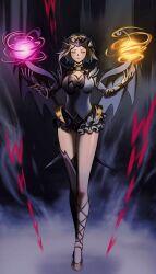 Rule 34 | 1girl, breasts, cleavage, closed eyes, lunox (mobile legends), magic, mobile legends: bang bang, short hair, single thighhigh, solo, tagme, thighhighs