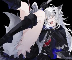 Rule 34 | 1girl, alcohol, animal ear fluff, animal ears, antenna hair, arknights, arm up, black background, black capelet, black dress, black footwear, black gloves, black jacket, blood, bloody weapon, blue capelet, blue gloves, boots, breasts, buttons, capelet, collared capelet, collared vest, commentary request, crack, cracked glass, crazy smile, cup, dress, drinking glass, eyelashes, from side, fur trim, glass, glint, gloves, grey eyes, grey hair, hair between eyes, hair ornament, hairclip, highres, holding, holding cup, holding sword, holding weapon, invisible floor, jacket, knee boots, knees up, lappland (arknights), lappland (refined horrormare) (arknights), layered sleeves, legs up, light particles, long hair, long sleeves, looking at viewer, lying, material growth, medium breasts, messy hair, multicolored capelet, multicolored clothes, multicolored gloves, official alternate costume, on back, open clothes, open jacket, open mouth, oripathy lesion (arknights), pale skin, pleated dress, scar, scar across eye, scar on face, shade, sharp teeth, short-sleeved jacket, short dress, short over long sleeves, short sleeves, simple background, smile, solo, sword, tail, tail raised, teeth, thighs, tongue, torn, torn clothes, torn dress, torn jacket, two-tone capelet, two-tone gloves, upper teeth only, vest, weapon, white vest, wide sleeves, wine, wine glass, wolf ears, wolf girl, wolf tail, yakota (usuk-yako)