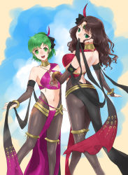 Rule 34 | 2girls, :d, absurdres, bare shoulders, black legwear, breasts, brown hair, commentary request, dorothea arnault, feet out of frame, fire emblem, fire emblem: genealogy of the holy war, fire emblem: three houses, fire emblem heroes, green eyes, green hair, highres, large breasts, lene (fire emblem), long hair, looking at viewer, miran (olivine 20), mouth hold, multiple girls, navel, nintendo, official alternate costume, open mouth, pantyhose, pelvic curtain, short hair, smile, standing, stomach, thighlet