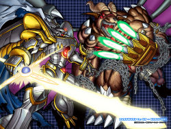 Rule 34 | alphamon, armor, belphemon, belphemon rage mode, cape, chain, claws, digimon, digimon (creature), epic, fangs, full armor, glowing, glowing weapon, grid, horns, monster, muscular, no humans, official art, red eyes, royal knights, seven great demon lords, sharp teeth, sword, teeth, weapon, wings