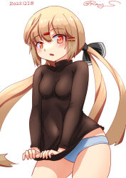 Rule 34 | 1girl, black bow, black shirt, blue panties, blush, bow, breasts, brown eyes, brown hair, cowboy shot, dated, embarrassed, hair bow, hammer and sickle, kantai collection, long hair, long sleeves, low twintails, panties, ray.s, shirt, small breasts, solo, star (symbol), tashkent (kancolle), turtleneck, twintails, twitter username, underwear