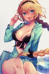 Rule 34 | 1girl, :d, bikini, black bikini, black bow, black hairband, blonde hair, blue eyes, blue innertube, blue jacket, blush, bow, braid, breasts, cleavage, collarbone, commentary request, fate/grand order, fate (series), fingernails, grey background, hair between eyes, hair bow, hairband, hand up, head tilt, highres, hood, hood down, hooded jacket, innertube, jacket, jeanne d&#039;arc (fate), jeanne d&#039;arc (ruler) (fate), jeanne d&#039;arc (swimsuit archer) (fate), jeanne d&#039;arc (swimsuit archer) (first ascension) (fate), kuro futoshi, large breasts, long hair, long sleeves, looking at viewer, open clothes, open jacket, open mouth, round teeth, simple background, single braid, smile, solo, swim ring, swimsuit, teeth, transparent, upper teeth only, very long hair