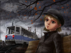 Rule 34 | 1girl, autumn, bench, blonde hair, city, grey eyes, hat, landscape, limfoman, lonely, overhead line, prom, railroad tracks, russia, sad, self-upload, solo, sovok, train