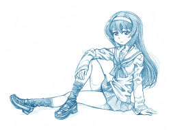 Rule 34 | 1girl, bbb (friskuser), blue theme, closed mouth, commentary request, girls und panzer, hairband, loafers, long hair, long sleeves, looking at viewer, monochrome, reizei mako, shoes, solo