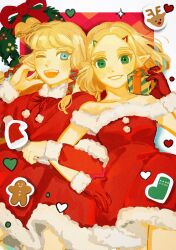 Rule 34 | 2girls, blonde hair, blue eyes, blunt bangs, box, christmas, christmas wreath, cowboy shot, dress, fur-trimmed dress, fur-trimmed gloves, fur-trimmed jacket, fur trim, gift, gift box, gingerbread man, gloves, green eyes, green ribbon, hair ribbon, hand in own hair, hat, highres, holding, holding gift, jacket, locked arms, long hair, long sleeves, multiple girls, nintendo, off-shoulder dress, off shoulder, one eye closed, open mouth, parted bangs, parted lips, pointy ears, princess zelda, red dress, red gloves, red ribbon, reindeer, ribbon, santa hat, short hair, sidelocks, smile, teeth, the legend of zelda, the legend of zelda: breath of the wild, the legend of zelda: skyward sword, thick eyebrows, turippy, variations, wreath