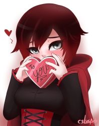 Rule 34 | 1girl, breasts, candy, cape, chocolate, chocolate heart, cslucaris, food, gothic lolita, heart, lolita fashion, red cape, ruby rose, rwby, grey eyes