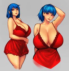 Rule 34 | 1girl, arm on own head, arm under breasts, arm up, armpits, babydoll, bare arms, bare shoulders, blue hair, breasts, cleavage, collarbone, commentary, cowboy shot, cropped legs, cropped torso, curvy, dress, english commentary, erkaz, frills, grey background, highres, huge breasts, lace, legs together, lingerie, looking at viewer, medium hair, multiple views, original, parted lips, ponytail, red dress, red eyes, sidelocks, simple background, standing, thighs, underwear, underwear only