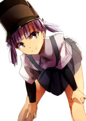 Rule 34 | &gt;:), 10s, 1girl, arm warmers, bent over, blurry, depth of field, dress shirt, geny, grey eyes, grey skirt, hair ribbon, hat, highres, kantai collection, ooshio (kancolle), pleated skirt, purple hair, ribbon, shirt, short hair, short sleeves, short twintails, simple background, skirt, solo, suspenders, twintails, v-shaped eyebrows, white background