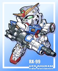 Rule 34 | arm cannon, blue background, border, character name, chibi, full body, green eyes, gundam, gundam silhouette formula 91, looking to the side, mecha, mobile suit, moukin punch, neo gundam, outside border, robot, science fiction, solo, v-fin, weapon