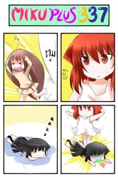 Rule 34 | &gt; &lt;, 3girls, 4koma, animal ears, antennae, black dress, black hair, brown hair, bug, cat ears, cat tail, catstudioinc (punepuni), cockroach, comic, dress, closed eyes, highres, bug, kuro (miku plus), long hair, lying, multiple girls, on stomach, open mouth, original, outstretched arms, personification, peter (miku plus), plate, puni (miku plus), red eyes, red hair, running, shirt, skirt, sleeping, smile, stomping, tail, thai text, translation request, vocaloid, white dress, zzz