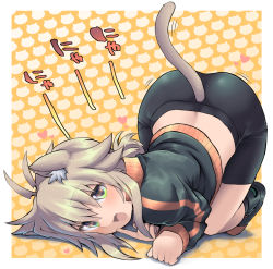 Rule 34 | 1girl, animal ears, antenna hair, bike shorts, black footwear, black jacket, black shorts, brown hair, cat ears, cat girl, cat tail, commentary request, fang, green eyes, hair between eyes, heart, highres, jacket, kemonomimi mode, koshirae tsurugi (m.m), long hair, long sleeves, looking at viewer, low ponytail, m.m, motion lines, open mouth, orange background, original, ponytail, shoes, short shorts, shorts, solo, tail, top-down bottom-up, track jacket, two-tone background, white background