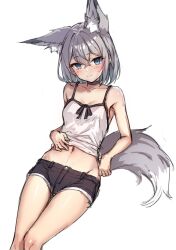 Rule 34 | 1girl, animal ear fluff, animal ears, bare arms, bare shoulders, black choker, black shorts, blue eyes, blush, camisole, choker, closed mouth, collarbone, commentary request, feet out of frame, grey hair, groin, hair between eyes, looking at viewer, navel, original, ryuinu, short shorts, shorts, simple background, smile, solo, tail, white background, white camisole