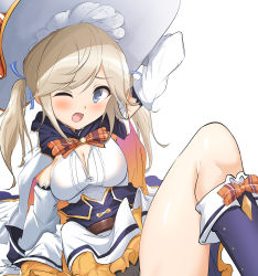 Rule 34 | 1girl, absurdres, arm behind head, arm up, black footwear, black panties, blue eyes, blush, boots, breasts, cleavage, commentary request, cucouroux (granblue fantasy), cucouroux (halloween) (granblue fantasy), detached sleeves, fang, gloves, granblue fantasy, hat, highres, knee boots, knee up, light brown hair, long hair, long sleeves, looking at viewer, medium breasts, momio, one eye closed, open mouth, paid reward available, panties, shirt, simple background, sitting, skirt, solo, sweat, twintails, underwear, white background, white gloves, white hat, white shirt, white skirt, white sleeves, witch hat