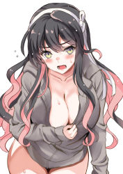 1girl black_hair blush breasts cleavage fang flying_sweatdrops grey_jacket hair_between_eyes happy_birthday headband highres jacket kantai_collection kyogoku_shin large_breasts long_hair long_sleeves looking_at_viewer multicolored_hair naganami_(kancolle) open_mouth pink_hair simple_background solo sweat two-tone_hair white_background yellow_eyes