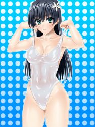 Rule 34 | 1girl, absurdres, adjusting clothes, adjusting swimsuit, black hair, blush, breasts, cleavage, clothes pull, covered navel, cowboy shot, flower, green eyes, hair flower, hair ornament, highleg, highleg swimsuit, highres, large breasts, latex, long hair, looking at viewer, navel, one-piece swimsuit, one-piece swimsuit pull, parted lips, polka dot, polka dot background, saten ruiko, see-through, sen (sansui), shiny skin, solo, strap lift, swimsuit, thick thighs, thighs, toaru kagaku no railgun, toaru majutsu no index, white one-piece swimsuit