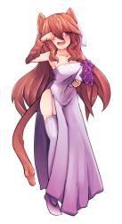 Rule 34 | 1girl, :d, animal ears, borrowed character, bouquet, breasts, bridal veil, bride, brown fur, brown hair, collarbone, commentary, dormouse (monster girl encyclopedia), dress, english commentary, flower, full body, fur, garter straps, hair between eyes, holding, holding bouquet, long hair, looking at viewer, monster girl encyclopedia, mouse ears, mouse girl, mouse tail, nanostar, open mouth, original, outline, purple eyes, rubbing eyes, side slit, small breasts, smile, solo, strapless, strapless dress, tail, thighhighs, transparent background, veil, vellu (geenymous), wedding dress, white dress, white garter straps, white outline, white thighhighs