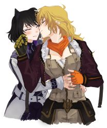 Rule 34 | 2girls, animal ears, black hair, blake belladonna, blonde hair, blush, breasts, cleavage, closed mouth, commentary request, eyebrows hidden by hair, closed eyes, gloves, highres, mechanical arms, multiple girls, naizo (kimosugimasu), orange scarf, prosthesis, prosthetic arm, rwby, scarf, simple background, single glove, single mechanical arm, smile, white background, yang xiao long, yuri
