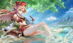 Rule 34 | 1girl, bare legs, bare shoulders, barefoot, blue sky, breasts, cleavage, commentary request, crop top, detached sleeves, genshin impact, green eyes, hair between eyes, highres, holding, holding plant, light rays, long hair, long sleeves, midriff, miniskirt, mohri, mountain, outdoors, pink hair, plant, pom pom (clothes), red headwear, red skirt, revision, sitting, skirt, sky, small breasts, soaking feet, solo, stomach, thighs, very long hair, water, yanfei (genshin impact)