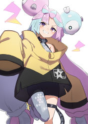 Rule 34 | 1girl, absurdres, bow-shaped hair, character hair ornament, creatures (company), game freak, gazacy (dai), grey pantyhose, hair ornament, hexagon print, highres, iono (pokemon), jacket, long hair, low-tied long hair, multicolored hair, nintendo, oversized clothes, pantyhose, pokemon, pokemon sv, sharp teeth, single leg pantyhose, sleeves past fingers, sleeves past wrists, solo, split-color hair, star (symbol), star in eye, symbol in eye, teeth, very long sleeves, x, yellow jacket