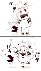 Rule 34 | !, &gt; &lt;, 10s, 1girl, 2koma, abyssal ship, ahoge, bug, butterfly, closed eyes, comic, dress, flying sweatdrops, highres, horns, insect, kantai collection, long hair, migu (migmig), mittens, northern ocean princess, open mouth, simple background, smile, spoken exclamation mark