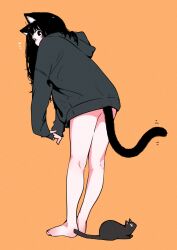 Rule 34 | 1girl, animal ear fluff, animal ears, bare legs, barefoot, bent over, black cat, black eyes, black hair, blush, bottomless, bright pupils, cat, cat ears, cat girl, cat tail, from behind, grey hoodie, highres, hood, hoodie, looking at viewer, looking back, megateru, notice lines, original, own hands together, solo, stretching, tail, white pupils