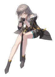 Rule 34 | 1girl, absurdres, bare shoulders, baseball bat, black footwear, black gloves, black jacket, black skirt, closed mouth, commentary, cotta (heleif), gloves, grey hair, highres, honkai: star rail, honkai (series), invisible chair, jacket, looking at viewer, medium hair, miniskirt, off-shoulder shirt, off shoulder, open clothes, open jacket, shirt, simple background, sitting, skirt, sleeves past elbows, solo, stelle (honkai: star rail), trailblazer (honkai: star rail), white background, white shirt, yellow eyes, yellow trim