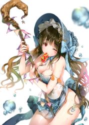 Rule 34 | 1girl, absurdres, bare shoulders, breasts, brown hair, cleavage, covered navel, fingernails, food, fruit, gradient hair, headdress, highres, holding, long hair, medium breasts, miwabe sakura, mole, mole under eye, mouth hold, multicolored hair, one eye closed, original, popsicle, red eyes, scan, shiny clothes, shiny skin, simple background, skirt, solo, staff, sweat, sweatdrop, swimsuit, thighs, water, water drop, white background