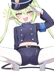 Rule 34 | 1girl, belt, black belt, black hat, black jacket, black shorts, black tail, blue archive, blush, buttons, demon tail, double-breasted, earrings, fang, flat chest, gloves, green hair, hair between eyes, hat, nozomi (blue archive), highres, jacket, jewelry, kenken (keuken), long hair, long sleeves, navel, open mouth, pantyhose, peaked cap, pointy ears, shorts, simple background, single earring, skin fang, smile, solo, tail, white background, white gloves, white pantyhose, yellow eyes