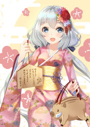 Rule 34 | 1girl, 2019, :d, absurdres, animal bag, bad id, bad pixiv id, bag, blue eyes, blush, chinese zodiac, ema, floral print, flower, hair between eyes, hair flower, hair ornament, highres, holding, holding bag, holmemee, japanese clothes, kimono, konno junko, long hair, looking at viewer, low twintails, nengajou, new year, obi, open mouth, pink flower, pink kimono, print kimono, purple flower, red flower, sash, silver hair, smile, solo, thick eyebrows, translated, twintails, very long hair, year of the pig, zombie land saga