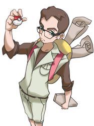 Rule 34 | 1boy, backpack, bag, belt, brown hair, commentary, creatures (company), english commentary, frown, game freak, glasses, green eyes, holding, holding poke ball, looking at viewer, male focus, nintendo, pinkgermy, pocket, poke ball, poke ball (basic), pokemon, real life, ruine maniac, shorts, signature, simple background, sleeves rolled up, solo, standing, white background, white shorts