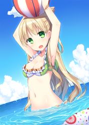 Rule 34 | 1girl, :o, amemiya ruki, armpits, arms up, ball, beachball, bikini, bikini top only, blonde hair, blue sky, breasts, cloud, collarbone, commentary request, day, dutch angle, green eyes, highres, long hair, looking at viewer, medium breasts, navel, ocean, original, partially submerged, sky, solo, stomach, swimsuit, water, water drop